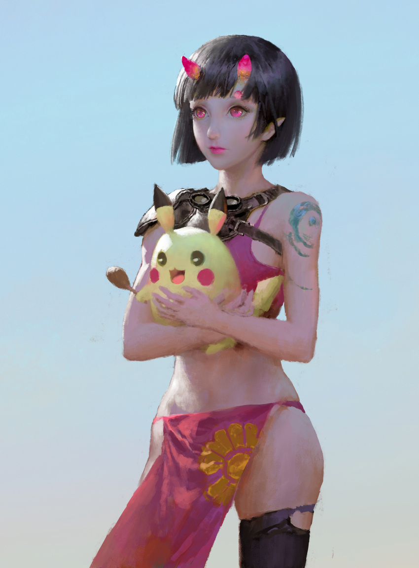 1girl absurdres arm_tattoo black_socks gen_1_pokemon highres nintendo oni pikachu pink_eyes pink_lips pointy_ears pokemon purple_hair ruanjia short_hair socks standing tattoo