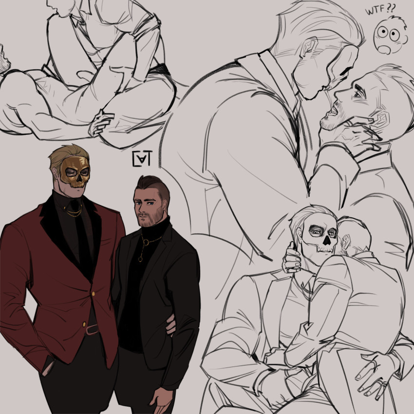 2boys absurdres asymmetrical_hair bara black_hair black_jacket black_pants black_shirt black_vest blonde_hair call_of_duty call_of_duty:_modern_warfare_2 collared_shirt completely_nude english_text erection facial_hair ghost_(modern_warfare_2) grey_shirt highres jacket large_pectorals male_focus mask multiple_boys muscular muscular_male necktie nude open_mouth pants partially_colored pectorals penis red_jacket saliva saliva_trail shirt sidecut sitting sitting_on_person soap_(modern_warfare_2) sundaycat3 undercut vest yaoi