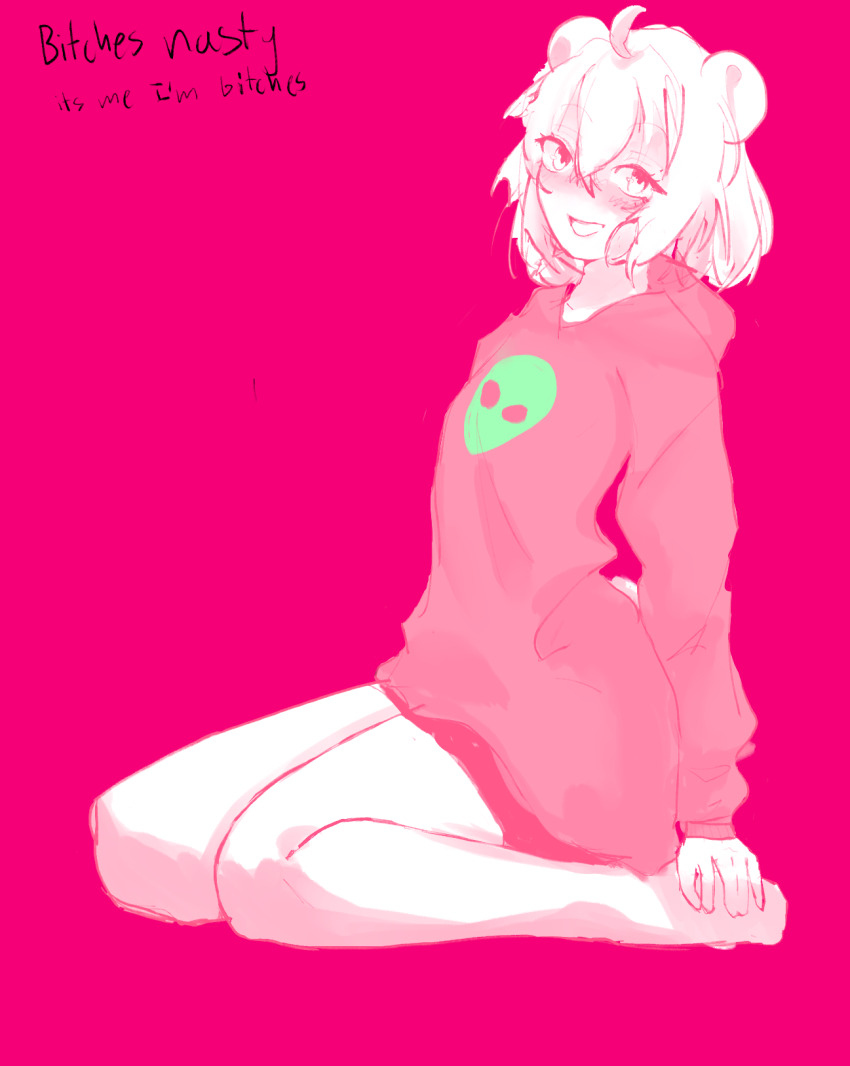 1boy ahoge animal_ears apandah_(youtube) blush buggenocide collarbone english_text eyelashes highres hood hoodie legs long_sleeves looking_at_viewer open_mouth panda_ears panda_tail pink_background pink_hoodie raised_eyebrows seiza short_hair simple_background sitting sketch smile solo solo_focus tagme teeth thighhighs thighs tongue trap upper_teeth_only youtube