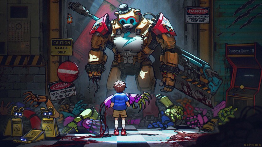 2boys absurdres animal_ears arcade_cabinet artist_name bear_boy bear_ears blood blue_shirt bow bracelet brown_hair claw_mark five_nights_at_freddy&#039;s five_nights_at_freddy&#039;s:_security_breach furry furry_male glamrock_freddy gregory_(fnaf) hat highres indoors jewelry male_focus mini_hat mini_top_hat multiple_boys neytirix shirt short_hair shoulder_pads spiked_bracelet spikes sword top_hat weapon