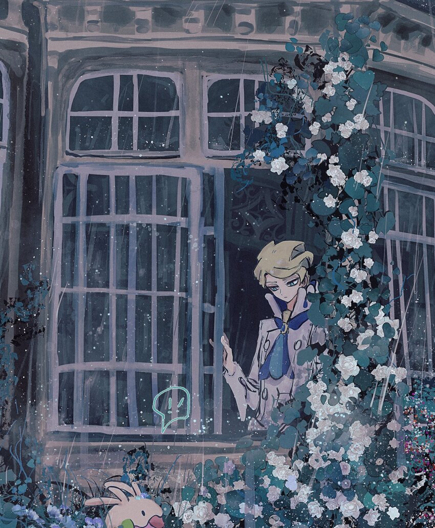 ! !! ... 1boy blonde_hair blue_eyes blue_neckerchief closed_mouth commentary_request flower gen_6_pokemon goomy grass highres horimhkw11 long_sleeves male_focus neckerchief nintendo open_mouth outdoors plant pokemon pokemon_(creature) pokemon_xy rain siebold_(pokemon) spoken_ellipsis vines white_flower window
