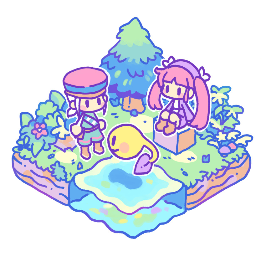 1boy 1girl blunt_bangs blush boots burasto chibi chibi_only dewprism flower foliage hat highres isometric long_hair low_ponytail mint_(dewprism) no_mouth outline pink_hair pollywog ponytail rue_(dewprism) short_ponytail sidelocks transparent_background tree twintails white_hair white_outline