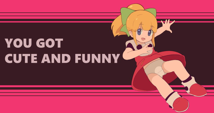 1girl android black_socks blonde_hair blue_eyes bow capcom cunny_(meme) dress english_text flat_chest green_bow hair_bow highres long_hair looking_at_viewer mega_man_(classic) mega_man_(series) meme open_mouth panties ponytail red_dress red_footwear robot roll_(mega_man) rommi shoes short_sleeves smile socks underwear upskirt white_panties