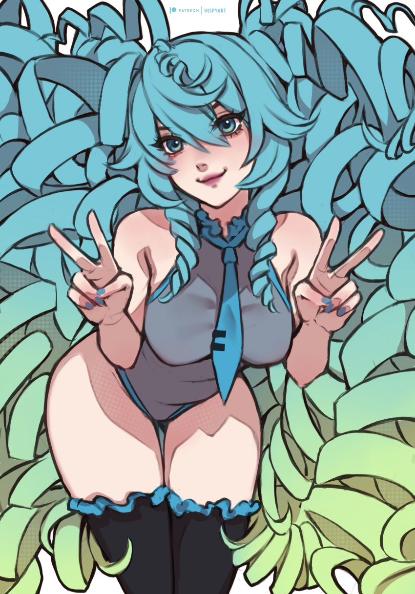 1girl ahoge aqua_eyes aqua_hair aqua_nails aqua_necktie artist_name black_thighhighs breasts closed_mouth collared_shirt double_v drill_hair eyes_visible_through_hair green_hair hatsune_miku highleg highleg_leotard highres inspy_art leotard lips looking_at_viewer medium_breasts multicolored_hair necktie pink_lips shirt simple_background sleeveless sleeveless_shirt smile solo standing streaked_hair thighhighs thighs twin_drills twintails v vocaloid