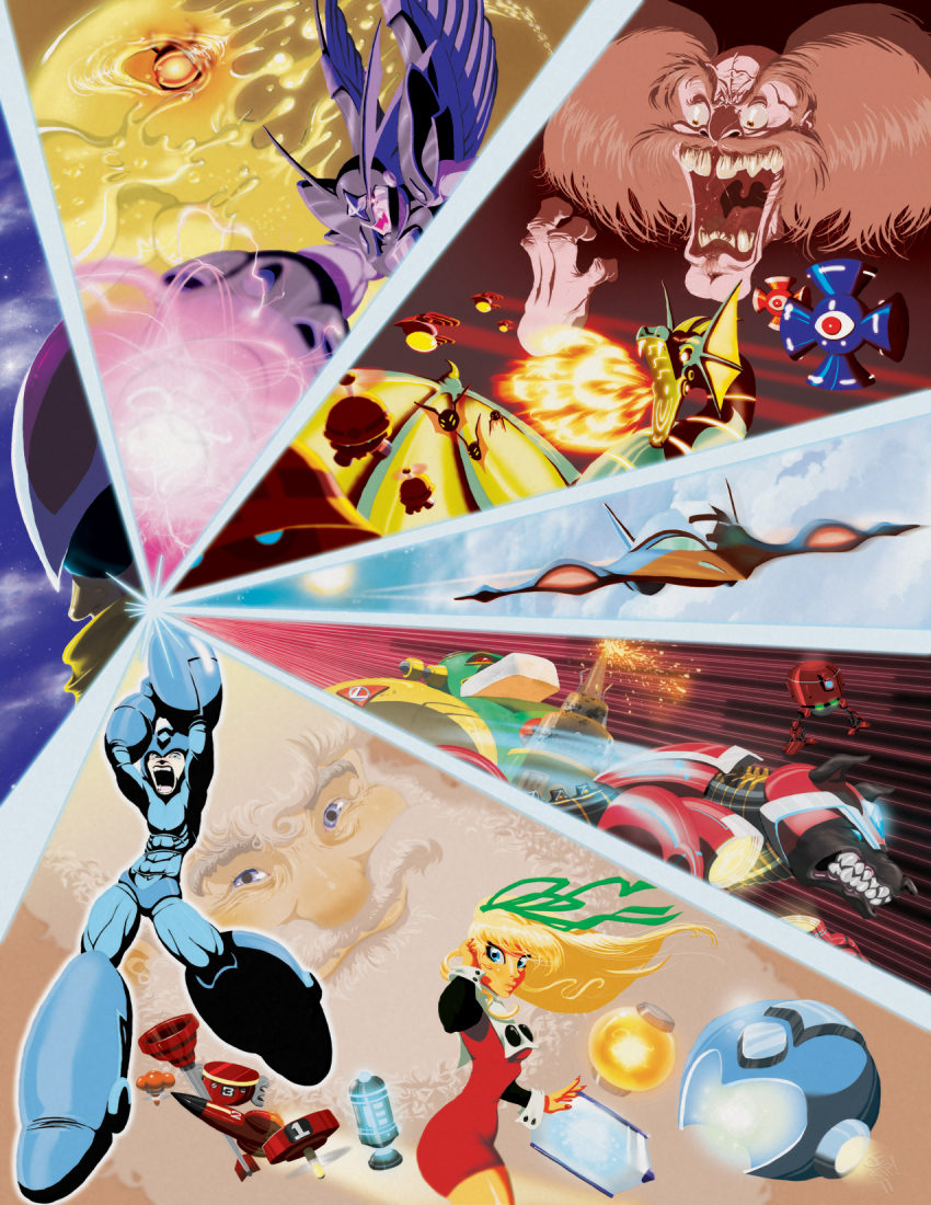1girl 5boys abs android arm_cannon armor auto_(mega_man) bass_(mega_man) bat_(animal) beard blonde_hair boots breath_weapon breathing_fire capcom ce-rap character_request charging cloud dog dr._light_(mega_man) dr._wily_(mega_man) dragon eddie_(mega_man) energy_tank facial_hair fire forehead_jewel gloves helmet highres mecha_dragon_(mega_man) mega_man_(character) mega_man_(classic) mega_man_(series) met_(mega_man) motion_lines multiple_boys night non-humanoid_robot open_mouth proto_man ribbon robot robot_animal robot_dog roll_(mega_man) rush_(mega_man) scarf screaming sparks speed_lines sun sunglasses super_bass_(mega_man) weapon welding wings yellow_devil_(mega_man)