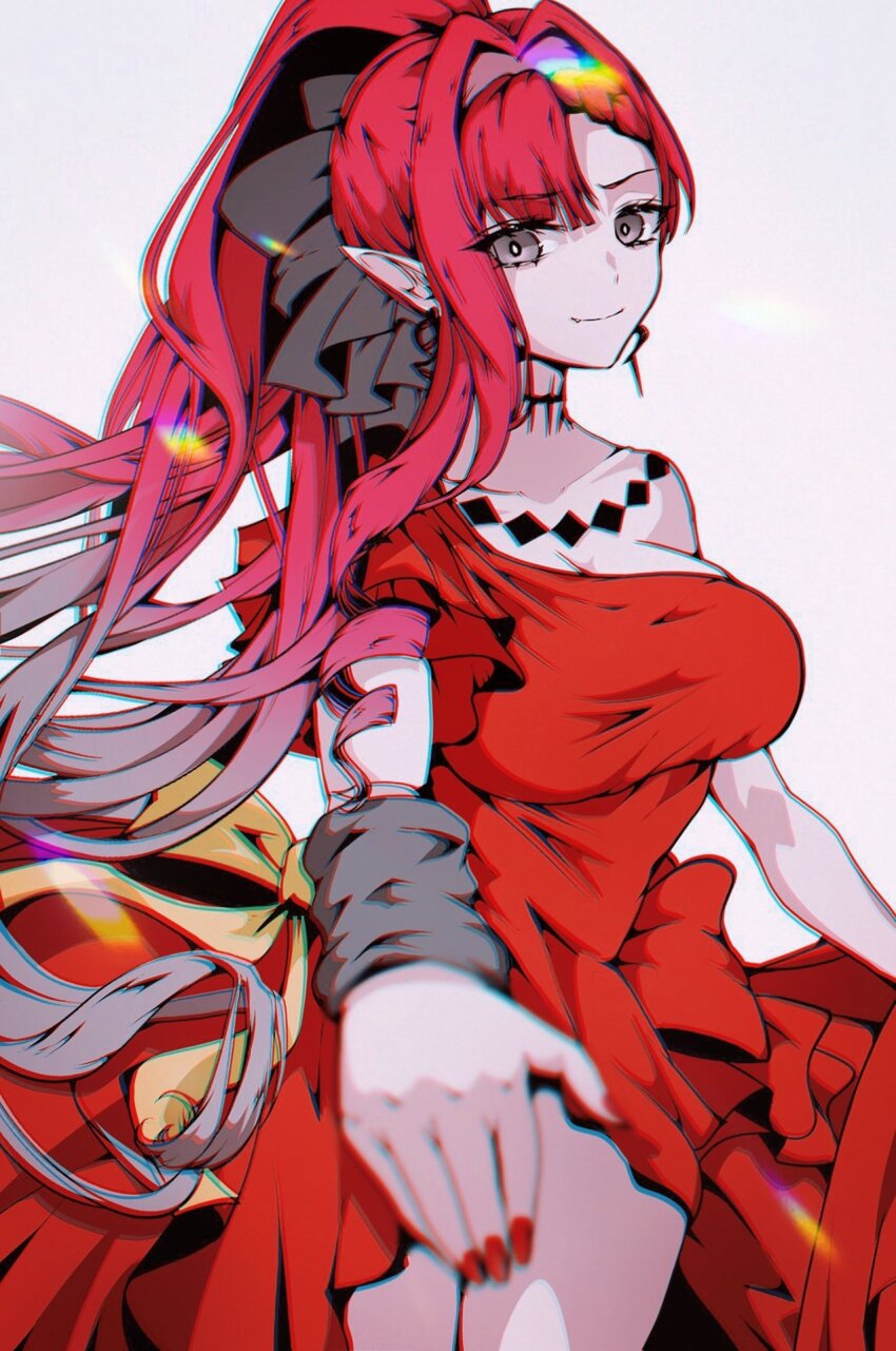 1girl baobhan_sith_(exhibition_attire)_(fate) baobhan_sith_(fate) baobhan_sith_(swimsuit_pretender)_(third_ascension)_(fate) bare_shoulders breasts cleavage dress earrings fate/grand_order fate_(series) grey_eyes hair_ribbon highres jewelry large_breasts long_hair pink_hair pointy_ears reaching reaching_towards_viewer red_dress red_nails revision ribbon satou_nui side_ponytail single_sidelock smile solo white_background