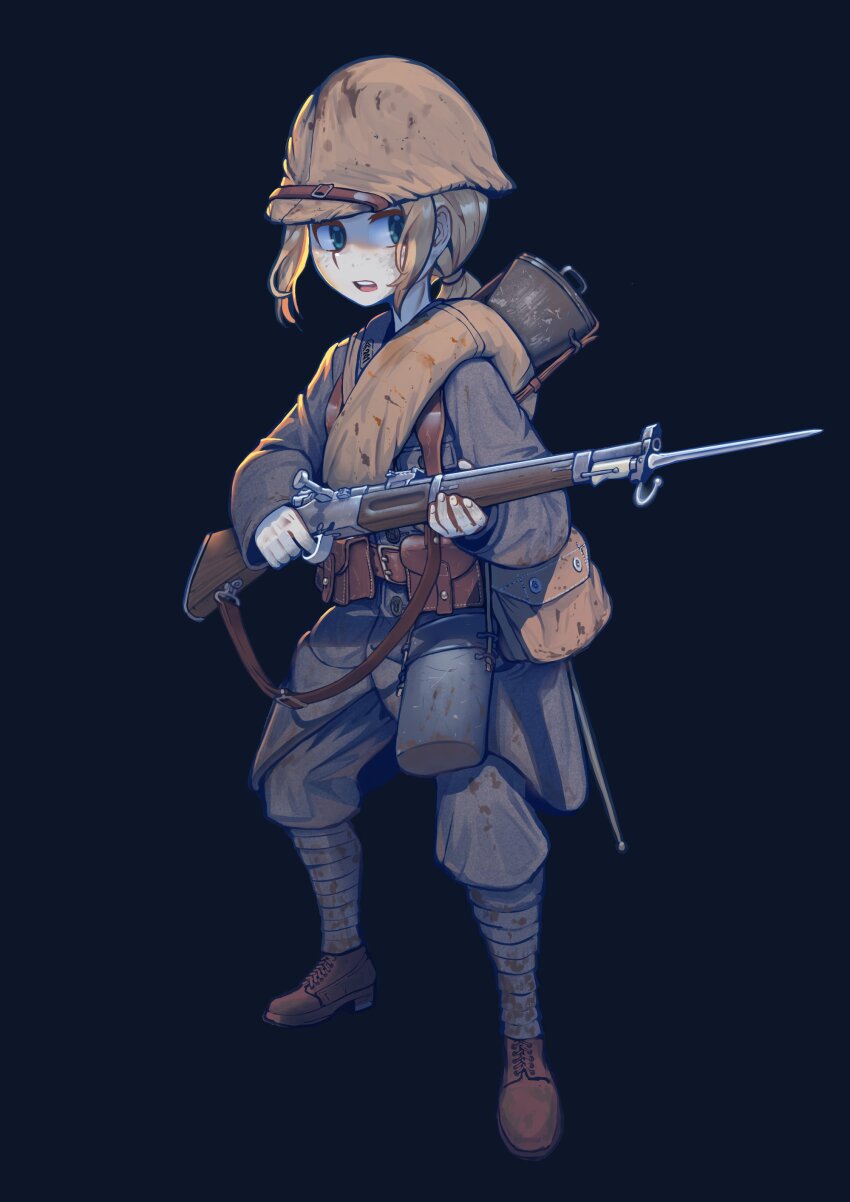 1girl absurdres adrian_helmet ammunition_pouch bag bayonet belt blonde_hair blue_eyes bolt_action boots breast_pocket brown_boots buttons canteen coat combat_helmet commentary commission erica_(naze1940) france french_army full_body gun gun_sling helmet highres holding holding_gun holding_weapon lebel_model_1886 load_bearing_equipment long_hair long_sleeves mess_kit military military_rank_insignia military_uniform open_mouth original pants pocket ponytail pouch puttee rifle sidelocks simple_background soldier solo standing teeth tongue upper_teeth_only weapon world_war_i
