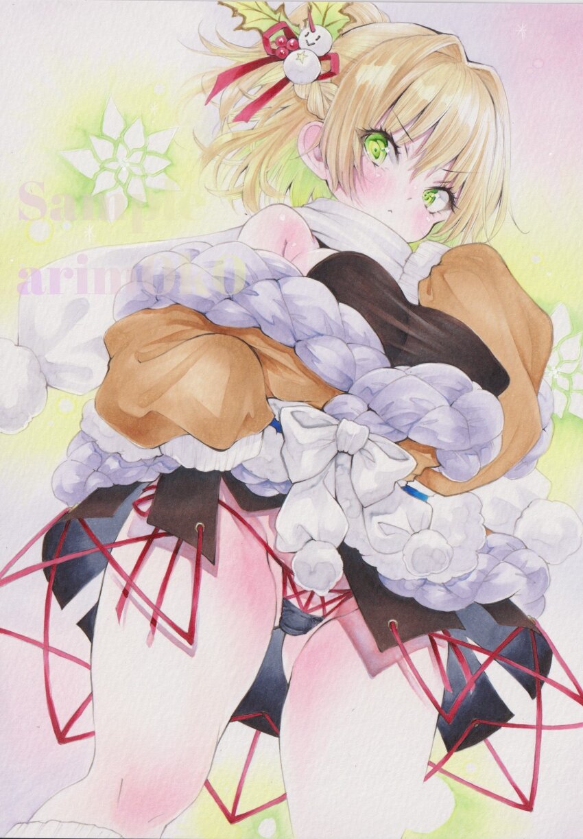 1girl absurdres arim0k0 artist_name black_panties blonde_hair blush breasts christmas closed_mouth commentary covered_erect_nipples green_eyes hair_intakes highres holly large_breasts long_sleeves looking_at_viewer marker_(medium) mizuhashi_parsee panties pantyshot sample_watermark short_hair snowman_hair_ornament solo touhou traditional_media underwear v-shaped_eyebrows watermark