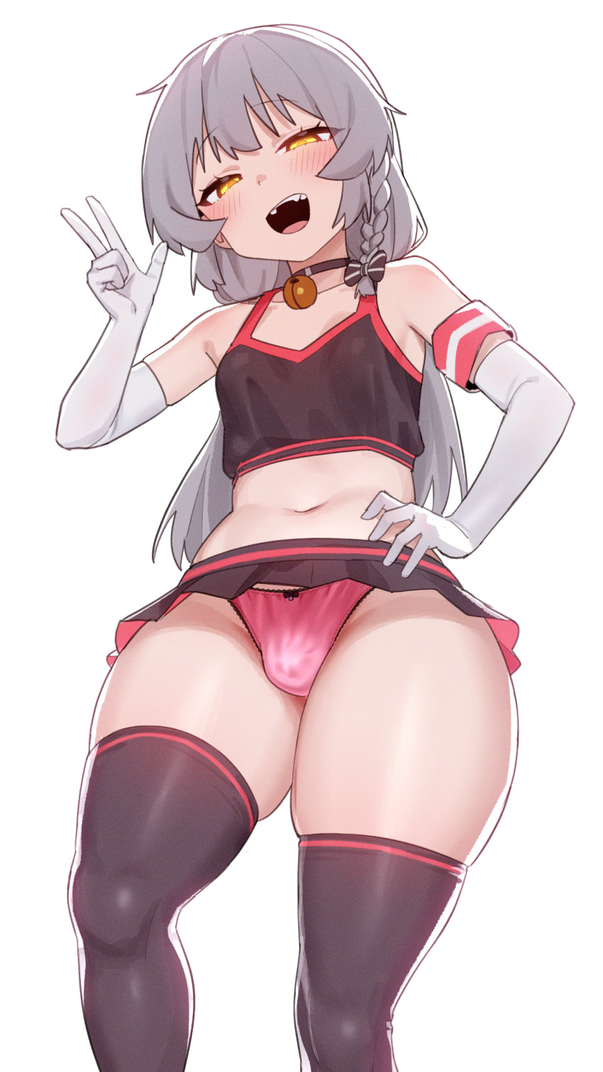 1boy absurdres bare_shoulders bell black_skirt black_thighhighs bulge elbow_gloves feet_out_of_frame gloves grey_hair hand_on_own_hip hand_up highres ikr_(artist) jingle_bell long_hair male_focus midriff navel neck_bell open_mouth panties pink_panties simple_background skirt smile solo standing stomach thighhighs tongkkangi tongkkangi_(streamer) trap underwear w white_background white_gloves yellow_eyes