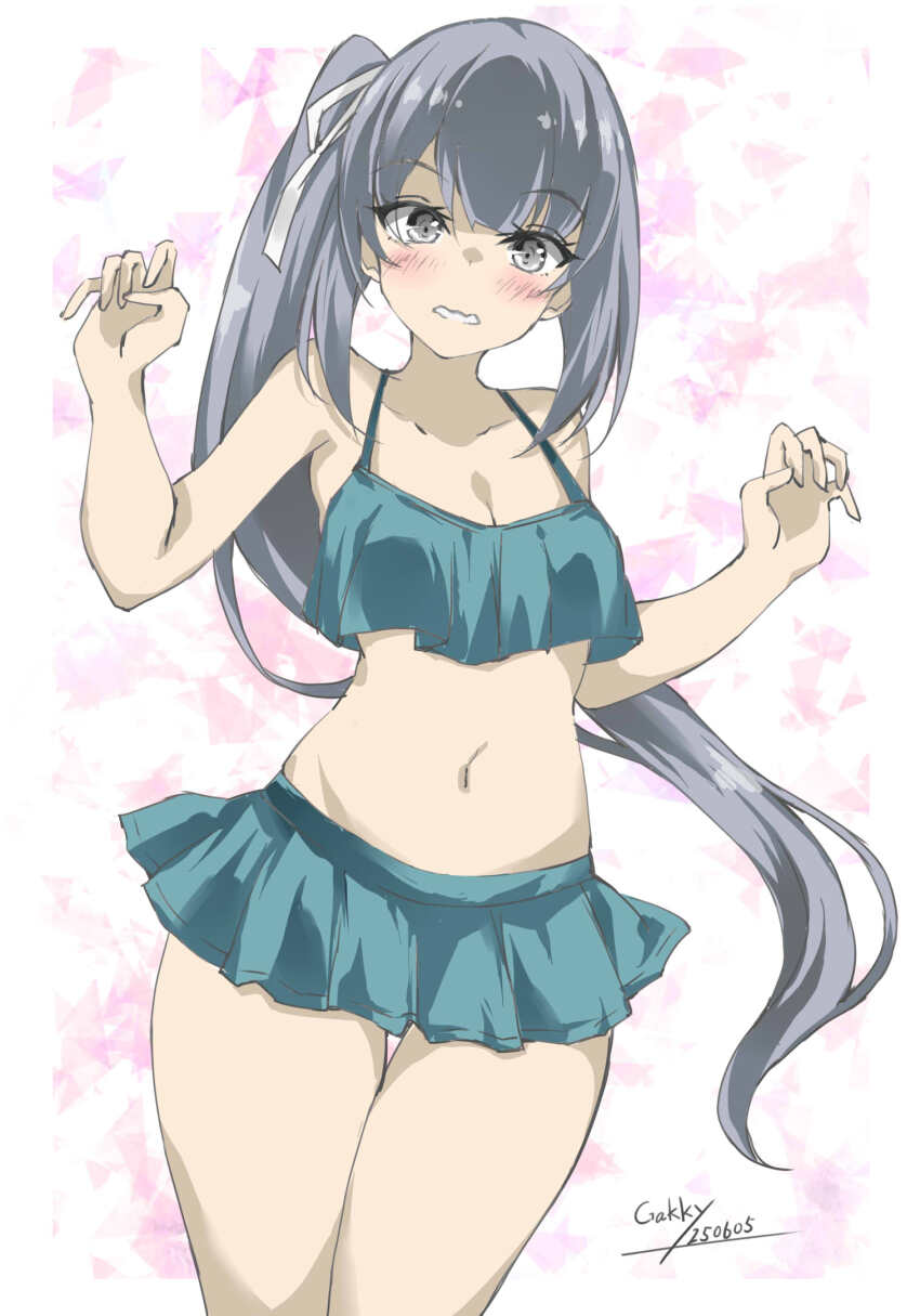 1girl bikini bikini_skirt black_ribbon breasts brown_eyes collarbone cowboy_shot frilled_bikini frills gakky green_bikini grey_hair highres kantai_collection kasumi_(kancolle) kasumi_kai_ni_(kancolle) kasumi_kai_ni_(swimsuit)_(kancolle) long_hair looking_at_viewer one-hour_drawing_challenge ribbon side_ponytail small_breasts solo swimsuit