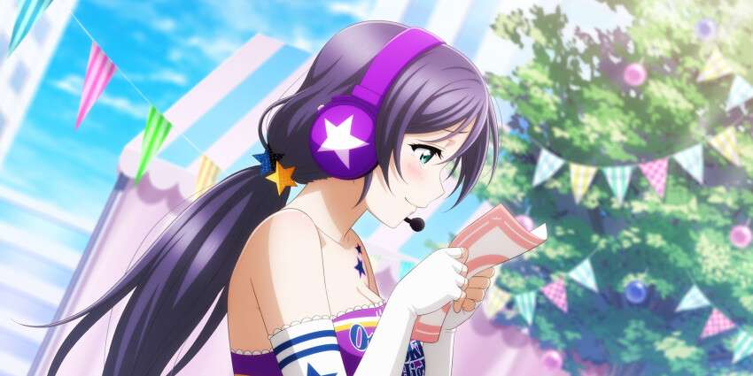 1girl anime_coloring bandeau bare_shoulders blue_sky blurry blurry_background blush bokeh breasts cleavage closed_mouth cloud collarbone day depth_of_field elbow_gloves fingerless_gloves frilled_gloves frills from_side furrowed_brow gloves green_eyes hair_ornament hands_up headphones headset highres holding long_hair looking_at_object love_live! love_live!_school_idol_festival_all_stars love_live!_school_idol_project low_twintails medium_breasts official_alternate_costume official_art outdoors paper profile purple_hair raised_inner_eyebrows sky solo star_(symbol) star_hair_ornament star_tattoo string_of_flags takaramonozu tattoo tearing_up tent tojo_nozomi tree twintails upper_body white_gloves