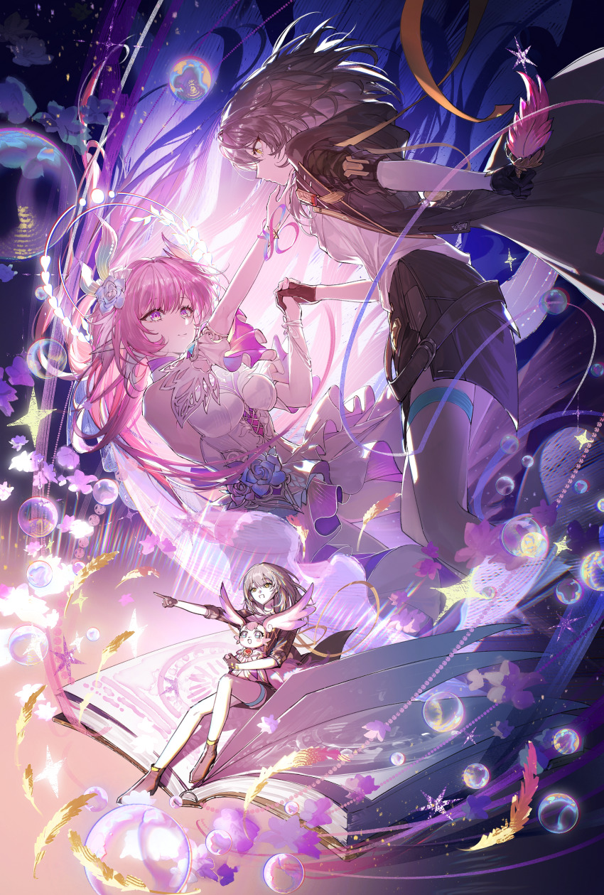 2girls absurdres black_coat black_gloves black_skirt book closed_mouth coat cyrene_(honkai:_star_rail) cyrene_(ripples_of_past_reverie)_(honkai:_star_rail) detached_sleeves dress gloves grey_hair hand_on_another&#039;s_chin highres holding_hands honkai:_star_rail honkai_(series) looking_at_another mem_(honkai:_star_rail) multiple_girls open_book open_clothes open_coat open_mouth pink_hair pointy_ears shirt short_sleeves skirt smile stelle_(honkai:_star_rail) trailblazer_(honkai:_star_rail) white_dress white_shirt yellow_eyes zzzzzm_jiangzhouzi