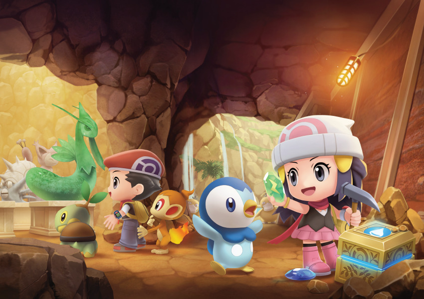 1boy 1girl :d absurdres artist_request backpack bag beanie black_hair boots bracelet cave_interior chibi chimchar dawn_(pokemon) day duffel_bag evolution_stone evolutionary_stone eyelashes fire game_freak gen_1_pokemon gen_3_pokemon gen_4_pokemon grey_eyes hat highres holding jewelry long_hair lucas_(pokemon) milotic nintendo official_art omastar open_mouth pants pink_boots pink_skirt piplup pokemon pokemon_(creature) pokemon_bdsp psyduck rock scarf second-party_source shirt skirt skitty sleeveless sleeveless_shirt smile standing statue thunder_stone tongue turtwig water waterfall yellow_bag