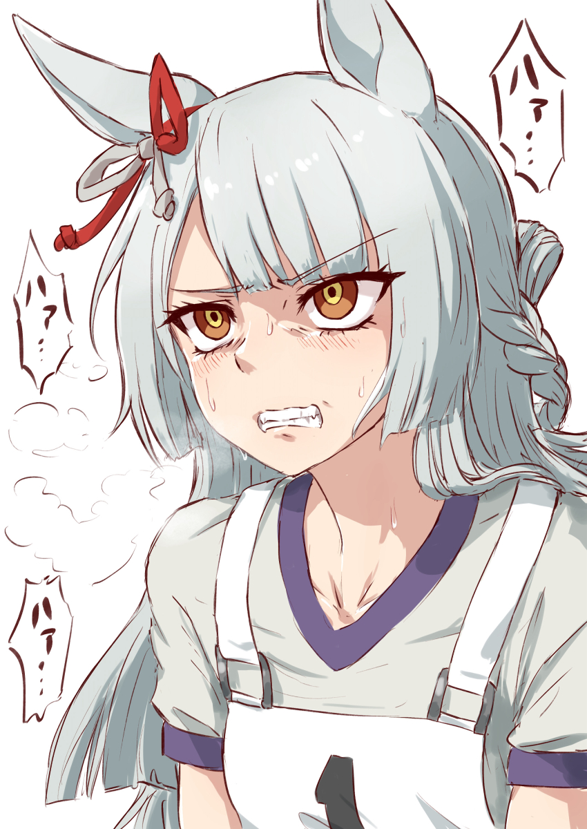 1girl absurdres animal_ears bow braid breath brown_eyes commentary ear_ribbon frown fujimasa_march_(umamusume) grey_hair grimace half_updo highres kasamatsu_tracen_training_uniform long_hair looking_to_the_side race_bib shirt short_sleeves solo straight_hair sweat szykkz t-shirt translated umamusume umamusume:_cinderella_gray upper_body white_shirt