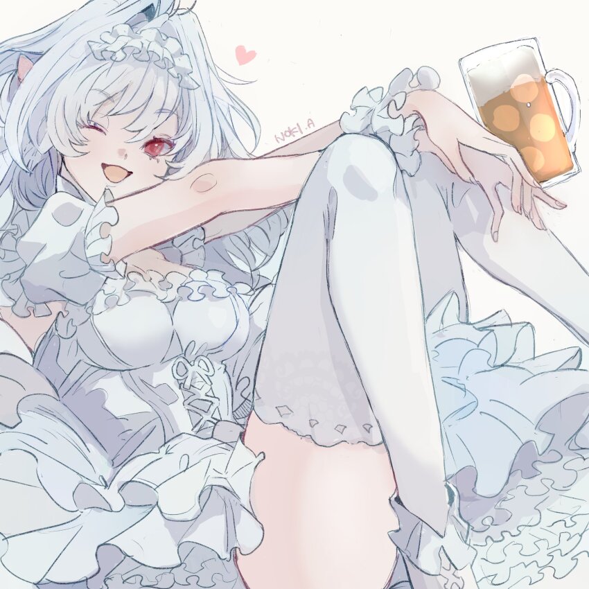1girl alcohol arm_on_knee artist_name beer beer_mug breasts cup dress fate/grand_order fate_(series) feet_out_of_frame frilled_dress frilled_hairband frilled_wrist_cuffs frills hairband heart highres kinnoashihara lady_avalon_(event_portrait)_(fate) lady_avalon_(fate) long_hair medium_breasts merlin_(fate/prototype) mug one_eye_closed open_mouth pointy_ears puffy_short_sleeves puffy_sleeves red_eyes short_sleeves signature simple_background sitting smile solo thighhighs white_background white_dress white_hair white_thighhighs wrist_cuffs