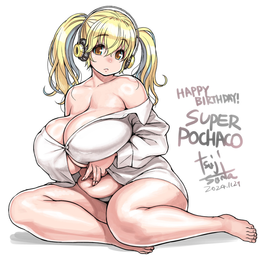 1girl belly bikini blonde_hair breasts cleavage fat fat_woman good_meat_day headphones highres huge_breasts long_hair looking_at_viewer meat_day navel nitroplus orange_eyes plump short_hair solo super_pochaco swimsuit thick_arms thick_thighs thighs tsuji_santa twintails white_bikini