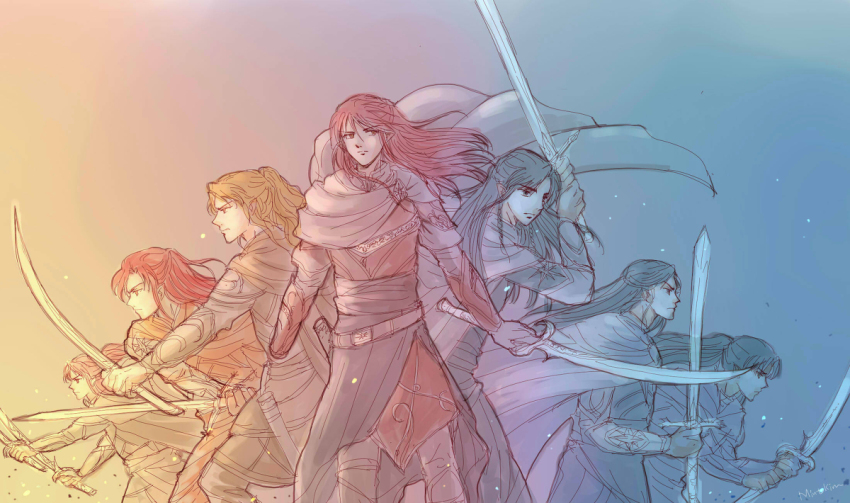 6+boys amputee amras amrod armor artist_name black_hair blonde_hair braid brothers cape caranthir celegorm closed_mouth curufin elf floating_clothes floating_hair gloves holding holding_sword holding_weapon long_hair maedhros maglor male_focus mintkim multiple_boys pointy_ears ponytail prince profile red_hair siblings signature sword the_silmarillion tolkien&#039;s_legendarium twin_braids twins weapon