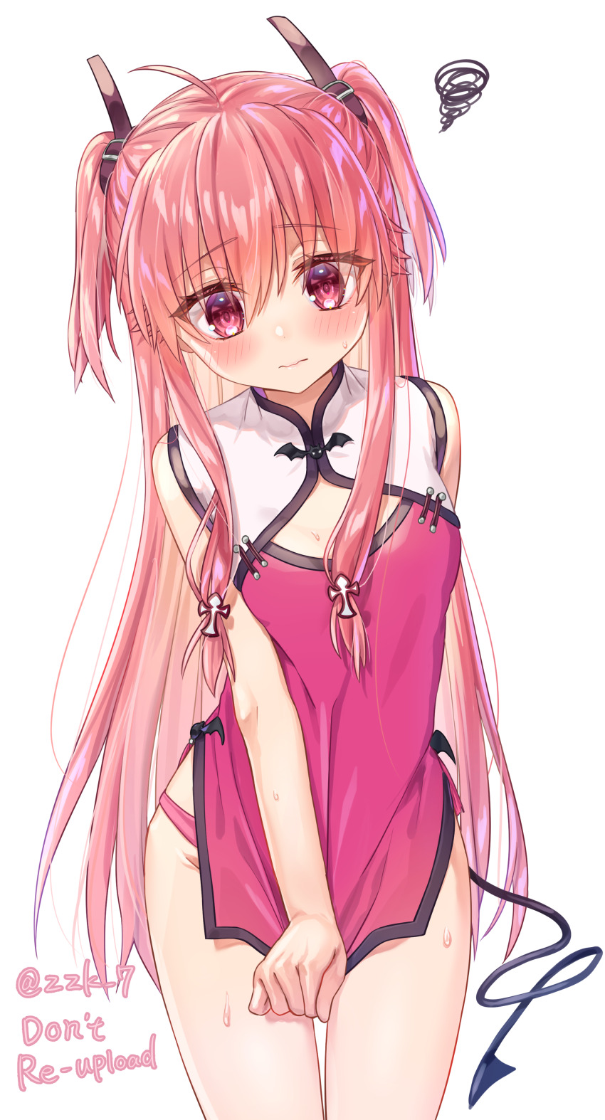 1girl absurdres ahoge alternate_costume angel_beats! bare_arms bat_ornament breasts china_dress chinese_clothes cleavage_cutout closed_mouth clothing_cutout commentary_request commission cowboy_shot cross_hair_ornament demon_tail dress embarrassed expressive_tail eyelashes eyes_visible_through_hair hair_between_eyes hair_censor hair_ornament highres hip_vent lips long_hair looking_down panties pink_dress pink_hair pink_panties red_eyes short_dress sidelocks simple_background skeb_commission sleeveless sleeveless_dress small_breasts solo squiggle straight_hair sweat tail tsurime twitter_username two-tone_dress two_side_up underwear very_long_hair wavy_mouth white_background white_dress yui_(angel_beats!) zuzuhashi