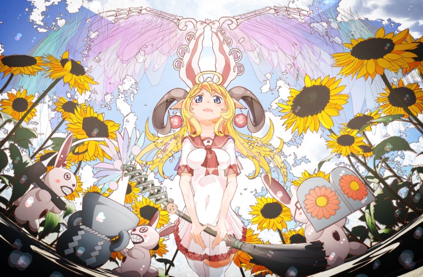 1girl amaoto_kaeru artistic_error bear_charm blonde_hair blue_eyes blue_sky broom cloud day dress flower from_below glasses halo horns long_hair md5_mismatch open_mouth original pointy_ears rabbit sky snake sunflower traditional_halo white_dress white_legwear