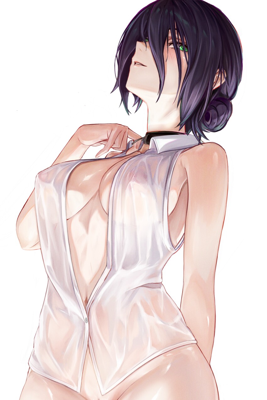 1girl absurdres breasts chainsaw_man commentary green_eyes hair_between_eyes highres light_smile linea_alba looking_at_viewer medium_breasts mikasciii nipples out-of-frame_censoring parted_lips purple_hair reze_(chainsaw_man) see-through_clothes see-through_shirt shirt simple_background sleeveless sleeveless_shirt smile solo wet wet_clothes wet_shirt white_background white_shirt