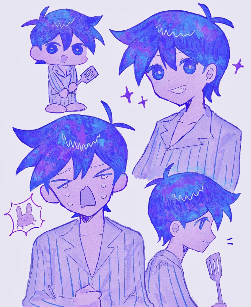 &gt;_&lt; 1boy bug_bunny_(omori) closed_mouth collarbone colored_skin crying grin hero_(headspace)_(omori) hero_(omori) highres holding holding_spatula long_sleeves omori open_mouth pajamas parted_lips purple_eyes purple_hair rakutiito310 short_hair smile solo spatula striped_clothes striped_pajamas teeth vertical-striped_clothes vertical-striped_pajamas white_skin