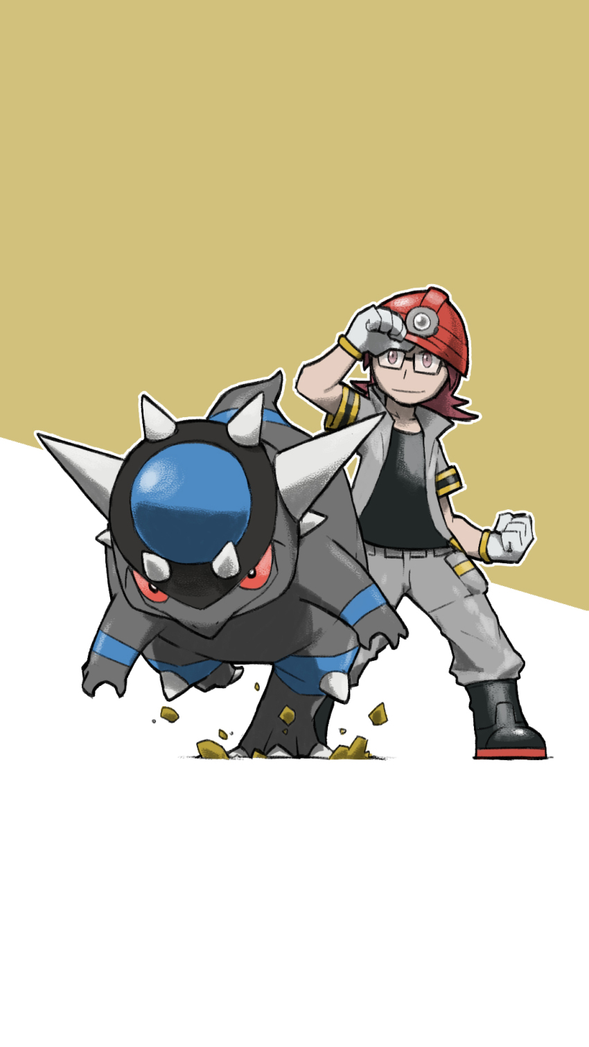 1boy black_boots black_shirt blacknirrow boots brown_background commentary debris english_commentary game_freak gen_4_pokemon glasses gloves grey_jacket grey_pants hand_up helmet highres jacket medium_hair mining_helmet nintendo open_clothes open_jacket pants pokemon pokemon_(creature) pokemon_dppt rampardos red_eyes red_hair red_helmet roark_(pokemon) shirt simple_background spikes standing two-tone_background white_background white_gloves