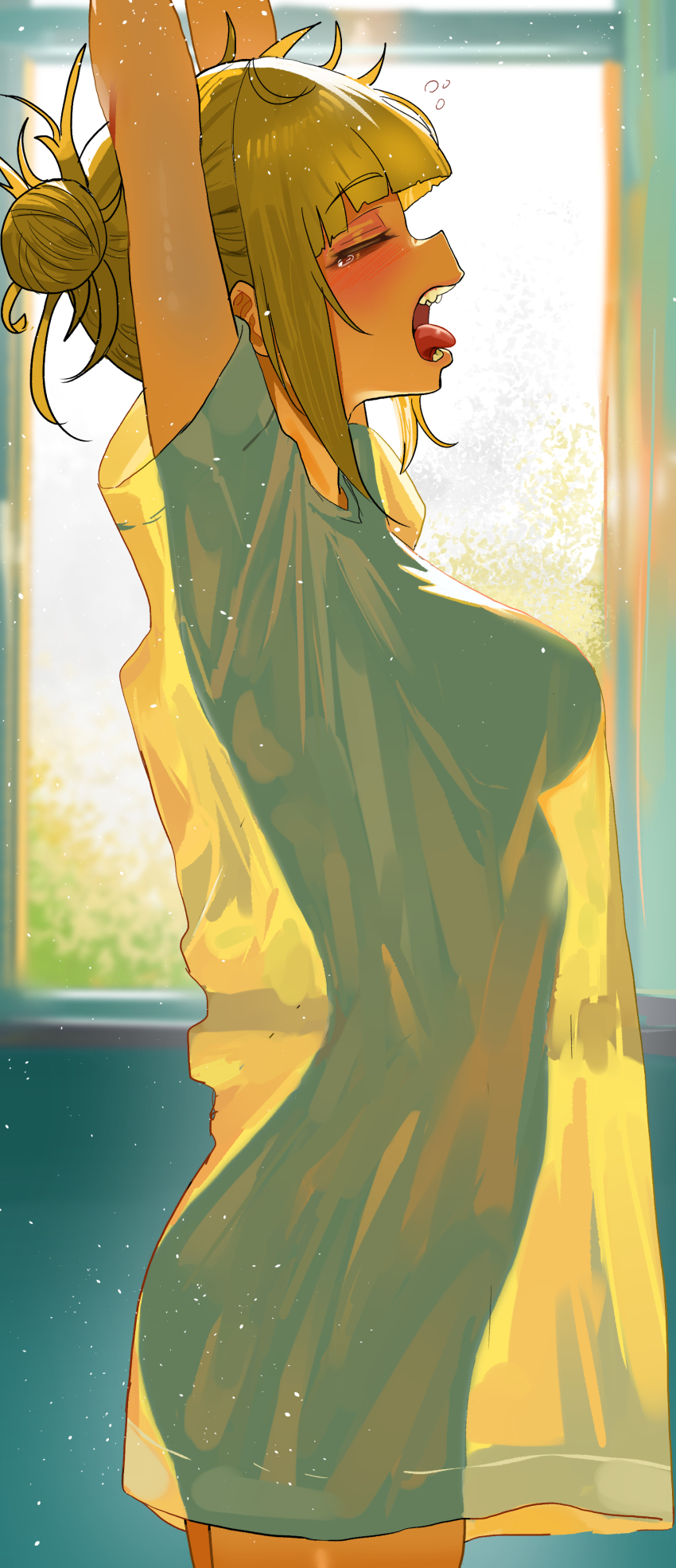 1girl absurdres arms_up bags_under_eyes blonde_hair boku_no_hero_academia breasts closed_eyes from_side hair_bun highres indoors medium_breasts messy_hair open_mouth sidelocks solo stretching tearing_up teeth toga_himiko tongue tongue_out window yawning zd_(pixiv6210083)