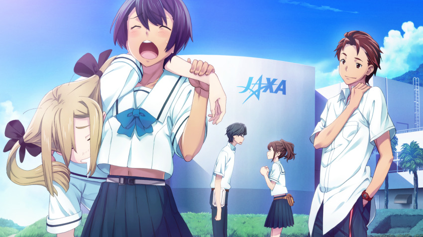 2boys 3girls arm_around_neck belt belt_buckle black_bow black_hair blonde_hair blue_bow blue_pants blue_skirt blue_sky blue_stripes blush bob_cut bow breasts brown_eyes brown_hair buckle bush carrying carrying_person chest_bow chuo_tanegashima_high_school_uniform clenched_hands closed_eyes cloud collarbone collared_shirt cropped_shirt daitoku_junna dark-skinned_female dark_skin day exasperation exhausted fukuda_tomonori game_cg grass hair_between_eyes hair_bow hand_on_own_shoulder hidaka_subaru high-waist_skirt high_ponytail highres holding_another&#039;s_wrist jaxa koujiro_frau leaning_on_person midriff midriff_peek multiple_boys multiple_girls multiple_hair_bows navel non-web_source official_art outdoors palm_tree pants pleated_skirt ponytail ponytail_with_braided_base red_hair red_shirt robotics;notes sailor_collar saliva school_uniform senomiya_akiho shiny_eyes shirt shirt_under_shirt short_hair short_sleeves side-by-side sidelocks skirt sky sleeping sleeping_on_person sleeping_upright sleeves_rolled_up small_breasts smile thighs tree twintails watch white_belt white_sailor_collar white_shirt wristwatch yashio_kaito