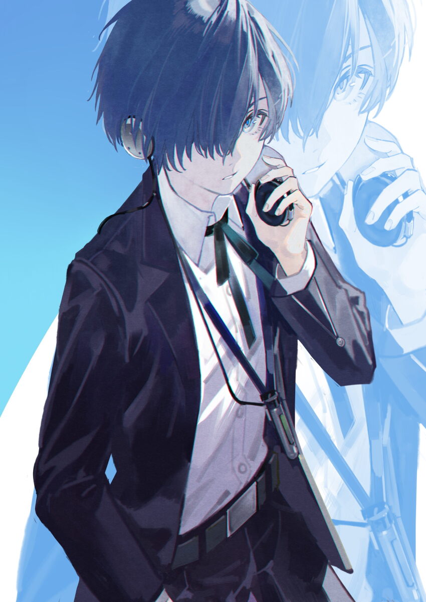 1boy absurdres belt black_jacket black_pants blue_background blue_eyes blue_hair chinese_commentary collared_shirt commentary_request cowboy_shot digital_media_player gekkoukan_high_school_uniform hair_over_one_eye hand_on_headphones hand_up headphones highres jacket long_sleeves looking_at_viewer male_focus neck_ribbon pants parted_lips persona persona_3 ribbon school_uniform shirt short_hair solo standing white_shirt xiao_chichi yuuki_makoto_(persona_3) zoom_layer