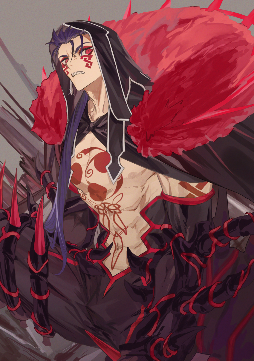 1boy absurdres bare_pectorals blue_hair body_markings cape cu_chulainn_alter_(third_ascension)_(fate) earrings eyeshadow facial_mark fate/grand_order fate_(series) fur-trimmed_cape fur_trim gloves grey_background highres hood hood_up jewelry long_hair looking_at_viewer makeup male_focus pectorals red_eyes red_eyeshadow sharp_teeth simple_background solo spikes teeth yoro_(dddd_od)