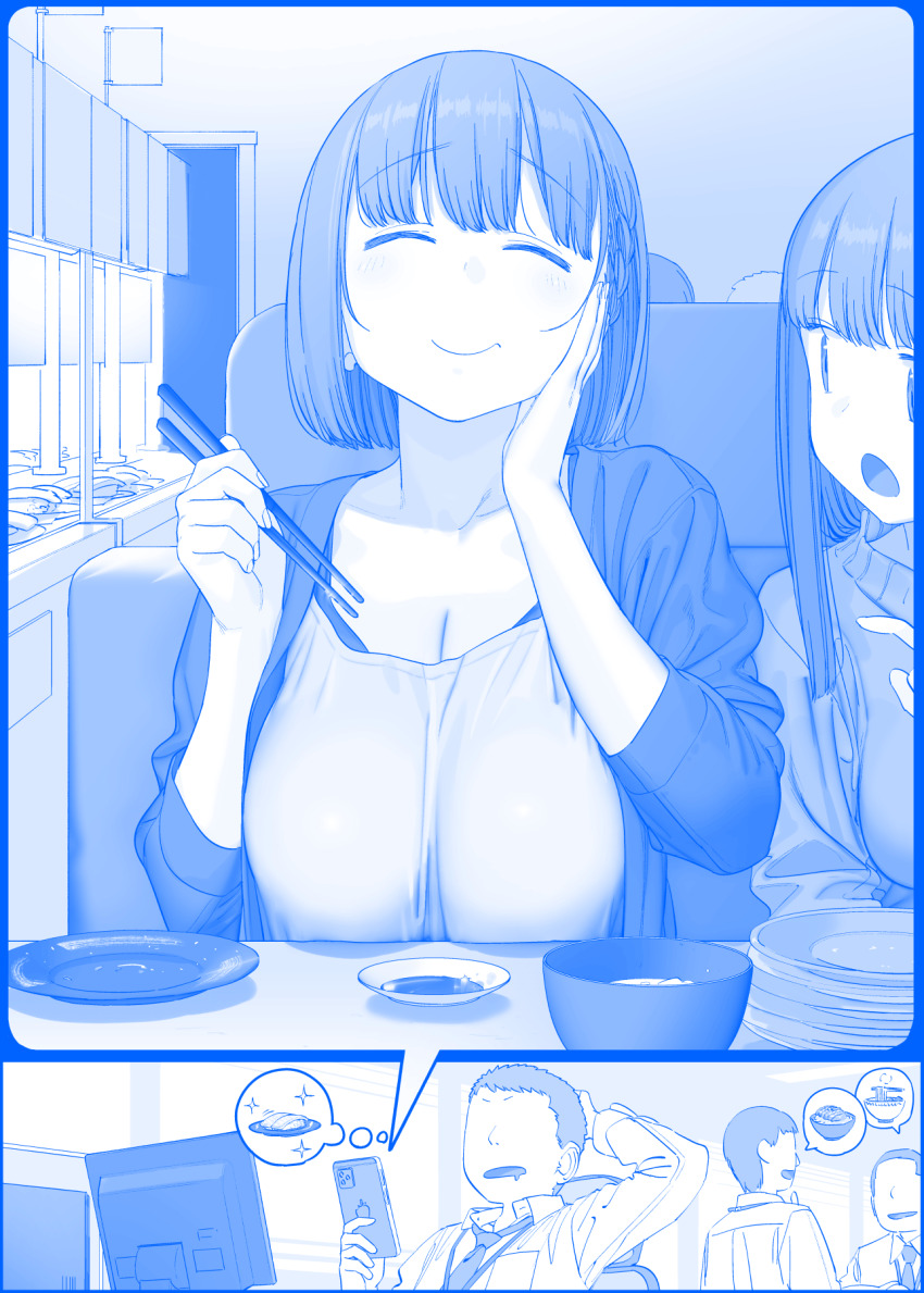 2girls 3boys ai-chan&#039;s_sister_(tawawa) ai-chan_(tawawa) blue_theme booth_seating braid breasts cellphone chopsticks cleavage closed_eyes commentary conveyor_belt_sushi drooling faceless faceless_male food getsuyoubi_no_tawawa highres himura_kiseki large_breasts mamezara monitor multiple_boys multiple_girls necktie onii-san_(tawawa) open_mouth phone plate plate_stack short_hair smartphone smile sushi
