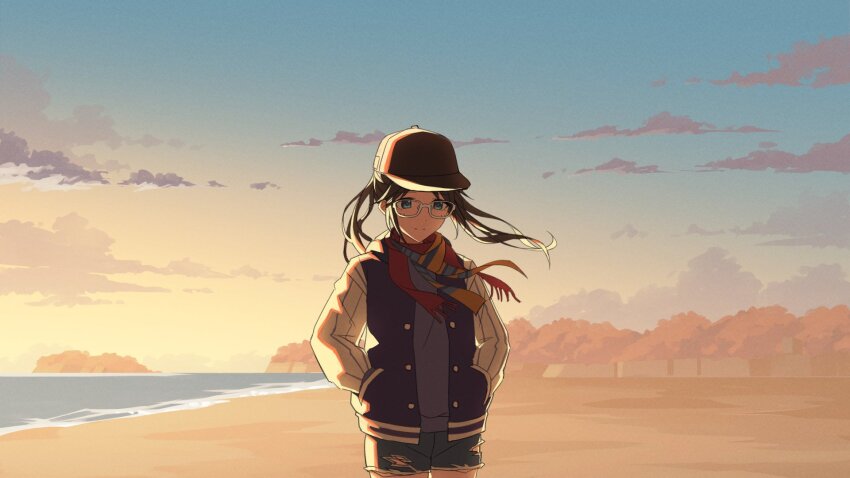 1girl backlighting baseball_cap beach black_hair black_hat blue_eyes blue_shirt cloud denim denim_shorts glasses gradient_sky hands_in_pockets hat highres idolmaster idolmaster_shiny_colors jacket jtangc letterman_jacket light_smile mitsumine_yuika multicolored_jacket multicolored_scarf multiple_scarves scarf shirt shorts sky solo sunset tree twintails two-tone_jacket