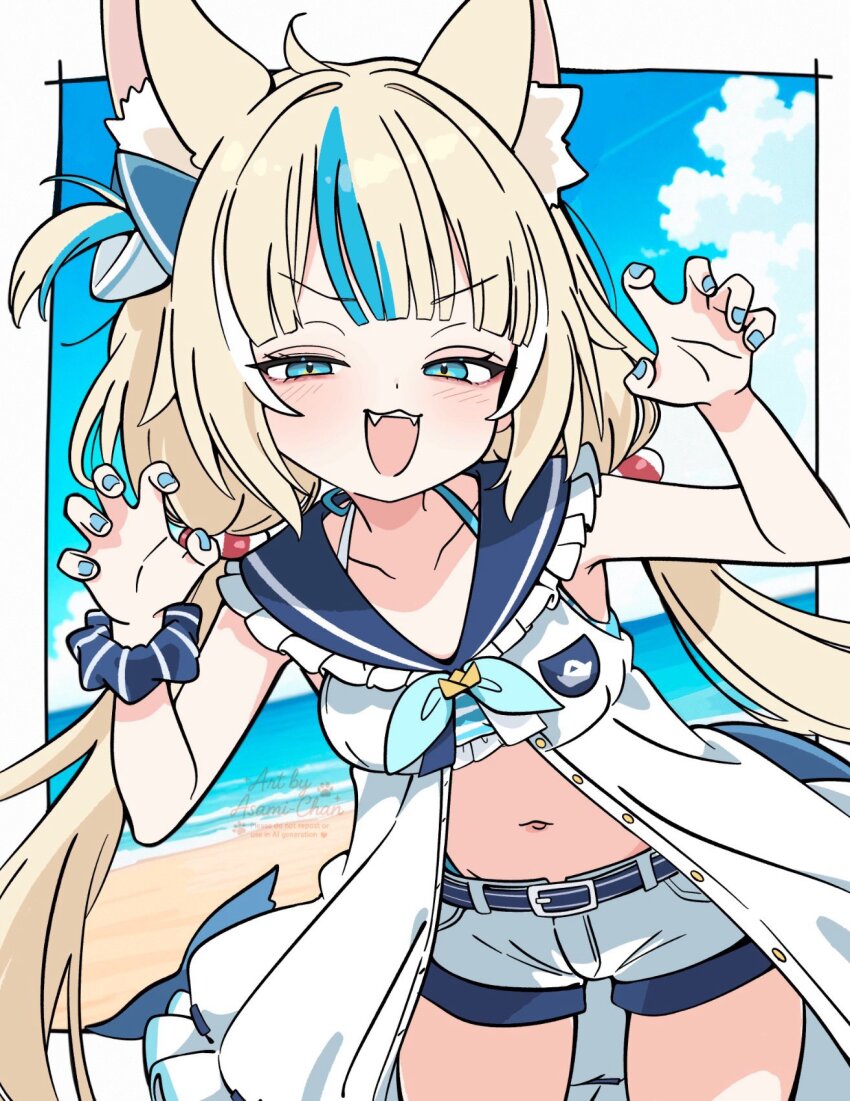 1girl animal_ears asami-chan blonde_hair blue_hair blue_nails breasts cat_ears claw_pose commentary dress english_commentary fins fish_girl fish_tail highres indie_virtual_youtuber lifebuoy_hair_ornament long_hair low_twintails multicolored_hair nail_polish navel open_mouth sameko_saba sleeveless sleeveless_dress small_breasts solo streaked_hair tail twintails very_long_hair virtual_youtuber white_dress
