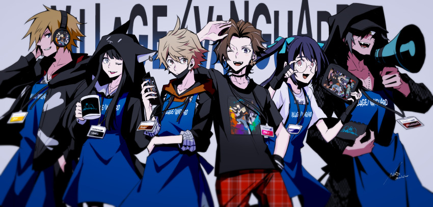 2girls 4boys animal_hood apron bito_daisukenojo black_gloves black_hair black_hoodie black_mask black_shirt blonde_hair blue_apron brown_hair cat_hood commentary_request cup eme_(204) fingerless_gloves furesawa_tousai glasses gloves grey_eyes grin hair_over_one_eye headphones highres holding holding_cup holding_megaphone hood hood_down hood_up hoodie id_card kanade_rindou long_hair long_sleeves looking_at_viewer mask megaphone minamimoto_sho mouth_mask mug multiple_boys multiple_girls nyantan one_eye_closed one_eye_covered pants pink_eyes plaid_clothes plaid_pants profile purple_eyes purple_hair red_pants round_eyewear sakurane_shouka shin_subarashiki_kono_sekai shirt short_hair short_sleeves smile subarashiki_kono_sekai teeth twintails unworn_mask usui_nagi white_shirt