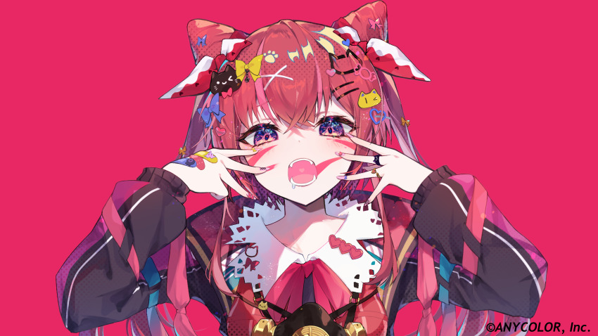 1girl amagase_muyu animal_(vocaloid) bandaid bandaid_on_hand black_jacket blue_bow bow brown_hair cat_hair_ornament collared_jacket commentary_request cone_hair_bun copyright_name drooling eita_789 facial_mark fangs fingers_to_cheeks hair_between_eyes hair_bun hair_ornament hair_ribbon hairclip hands_up heart heart_hair_ornament highres jacket long_hair long_sleeves looking_at_viewer multicolored_hair nail_art nail_polish neck_ribbon nijisanji official_art open_mouth pink_background pink_bow pink_hair purple_eyes red_bow red_ribbon ribbon saliva simple_background solo streaked_hair twintails upper_body virtual_youtuber vocaloid yellow_bow