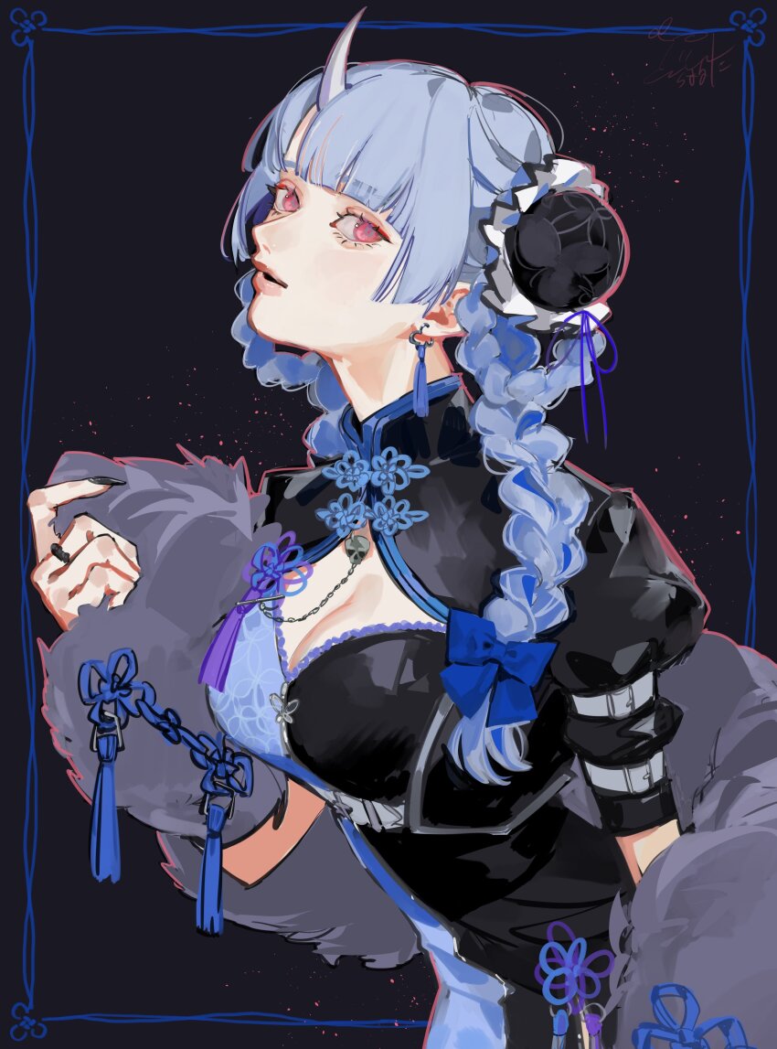 1girl absurdres black_background blue_border blue_bow blue_hair blunt_bangs border bow braid braided_bun breasts busou_kanojo china_dress chinese_clothes cleavage cleavage_cutout clothing_cutout commentary_request dress earrings feather_boa hair_bow hair_bun highres horns inset_border jewelry long_hair mandarin_collar medium_breasts nenemaru_(busou_kanojo) red_eyes ring sideways_glance signature single_horn solo split-color_clothes tassel tassel_earrings twin_braids two-tone_dress upper_body virtual_youtuber zoramaruta