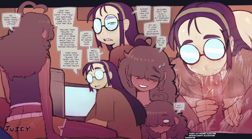 1boy 1girl braces buck_teeth english_text fellatio freckles glasses hairband hetero highres jimiko long_hair opaque_glasses oral original partially_opaque_glasses penis purple_hair round_eyewear teeth zamoshvik