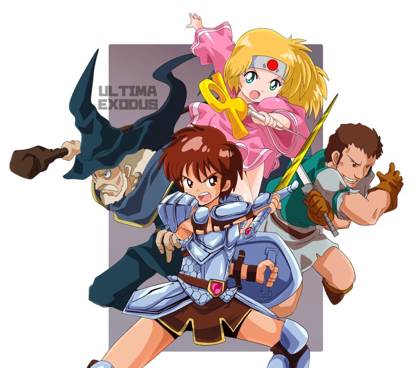 1girl 3boys armor blonde_hair brown_eyes brown_gloves commentary_request fighter_(ultima_iii) gauntlets gloves green_eyes hat headband holding holding_sword holding_weapon knight looking_at_viewer multiple_boys open_mouth pink_robe robe sakurajyousui_nami shield sister_(ultima_iii) sword thief_(ultima_iii) ultima_iii:_exodus ultima_kyoufu_no_exodus v-shaped_eyebrows weapon wizard wizard_(ultima_iii) wizard_hat