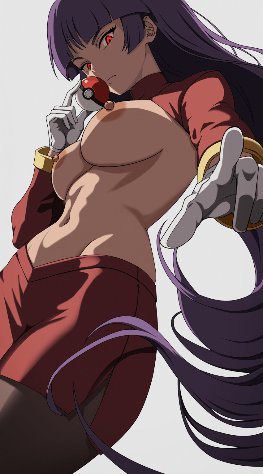 1girl absurdres blunt_bangs bodystocking bodysuit bodysuit_under_clothes breasts cropped_jacket from_below gloves highres hime_cut holding holding_poke_ball jacket large_breasts long_hair long_sleeves looking_at_viewer medium_breasts miniskirt nintendo nipples pencil_skirt poke_ball poke_ball_(basic) pokemon pokemon_frlg purple_hair red_eyes red_jacket red_skirt sabrina_(pokemon) serious side_slit skirt solo straight_hair third-party_edit turtleneck turtleneck_jacket vivivoovoo white_background white_gloves