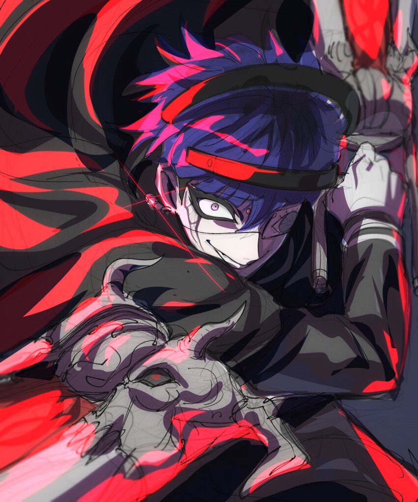 1boy absurdres black_cape cape chamuchai commentary_request constricted_pupils earrings evil_grin evil_smile eyepatch glint grin highres holding holding_weapon jewelry last_defense_academy_school_uniform long_sleeves looking_at_viewer male_focus omokage_yugamu pink_eyes purple_hair school_uniform short_hair sketch smile solo the_hundred_line_-last_defense_academy- weapon