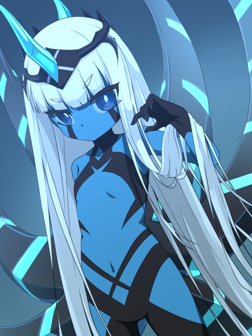 001_(darling_in_the_franxx) 1girl blue_eyes blue_horns blue_nails blue_skin blue_theme blunt_bangs child closed_mouth colored_skin darling_in_the_franxx female_focus flat_chest highres horns keven_(ewdx3754) long_hair looking_at_viewer monochrome nail_polish navel single_horn solo standing very_long_hair white_hair