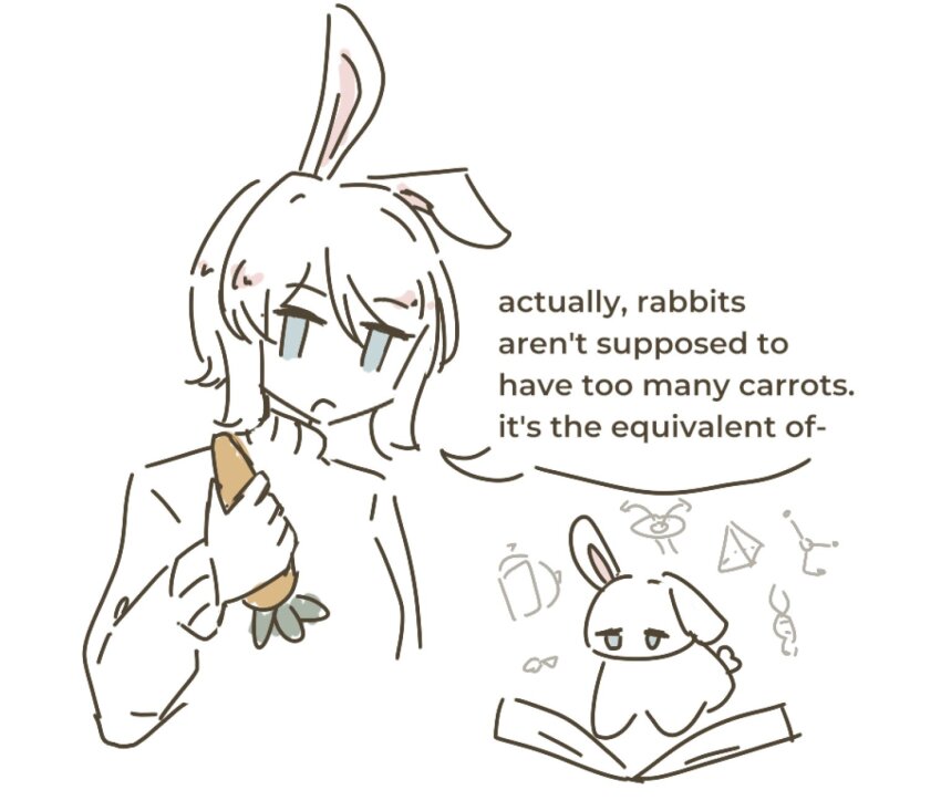 1girl animal animal_ears animalization blue_eyes carrot doodles english_text faust_(project_moon) geometry highres limbus_company math mirrordmjm project_moon rabbit rabbit_ears short_hair single_floppy_ear sweater turtleneck white_hair white_rabbit_(animal)