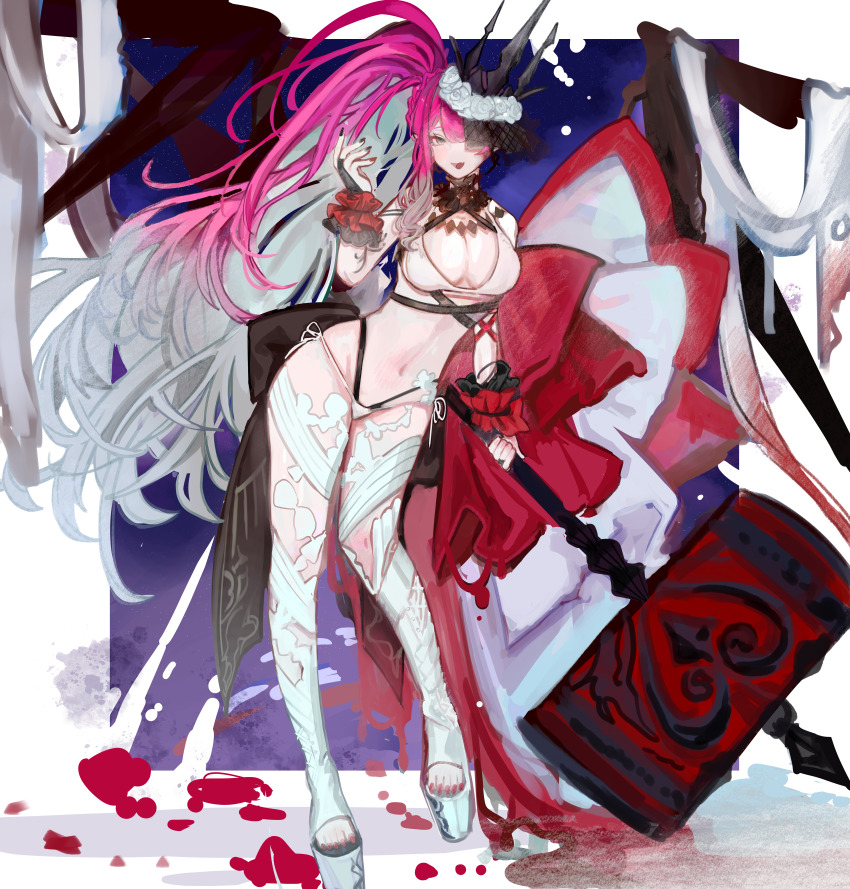 1girl absurdres baobhan_sith_(fate) baobhan_sith_(swimsuit_pretender)_(fate) baobhan_sith_(swimsuit_pretender)_(third_ascension)_(fate) bikini black_nails breasts bridal_gauntlets commission commissioner_upload fang fate/grand_order fate_(series) flower full_body grey_eyes hair_flower hair_ornament hammer hand_up highres holding holding_hammer long_hair looking_at_viewer md5_mismatch nail_polish navel open_mouth platform_footwear platform_heels pointy_ears red_nails resenri resolution_mismatch side_ponytail skin_fang smile solo source_smaller swimsuit tiara toenail_polish toenails veil vgen_commission white_bikini white_flower