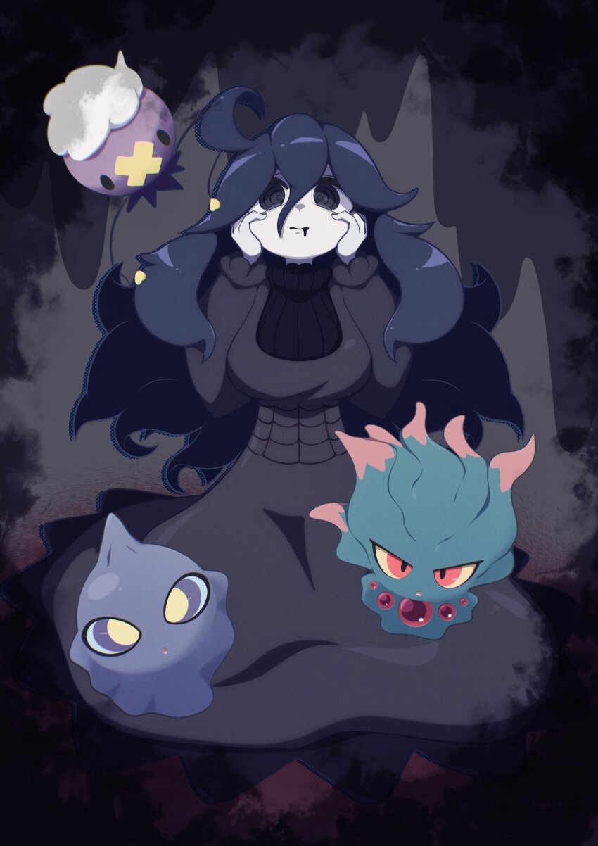 1girl absurdres afuron ahoge black_hair black_shirt breasts curly_hair dress drifloon game_freak gen_2_pokemon gen_3_pokemon gen_4_pokemon grey_dress hair_between_eyes hands_on_own_cheeks hands_on_own_face hands_up hex_maniac_(pokemon) highres long_hair long_sleeves misdreavus nintendo pokemon pokemon_(creature) pokemon_xy ribbed_shirt ringed_eyes shirt shuppet sitting