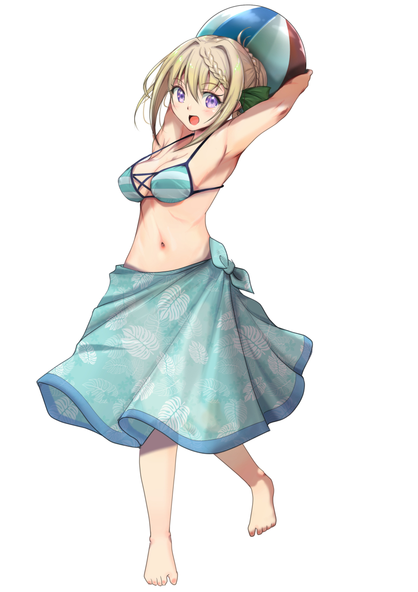 1girl absurdres armpits arms_up ball barefoot beachball bikini blonde_hair blue_sarong braid braided_bangs braided_bun breasts cleavage commentary_request full_body green_ribbon hair_bun hair_ribbon highres kantai_collection leaf_print long_hair medium_breasts official_alternate_costume perth_(kancolle) perth_(swimsuit)_(kancolle) purple_eyes ribbon sarong sidelocks solo striped_bikini striped_clothes swimsuit yashin_(yasinz)