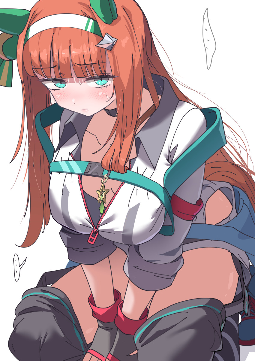 ... 1girl absurdres animal_ears armband blast_onepiece_(umamusume) blunt_bangs blunt_tresses breasts chest_belt collarbone commentary_request ear_covers flat_chest_joke green_eyes hair_ornament hairband highres horse_ears horse_girl horse_tail impossible_clothes itosu200 looking_at_viewer no_bra red_armband sidelocks sideways_glance silence_suzuka_(umamusume) small_breasts solo speech_bubble spoken_ellipsis squatting striped_clothes striped_hairband sweatdrop tail umamusume white_hairband