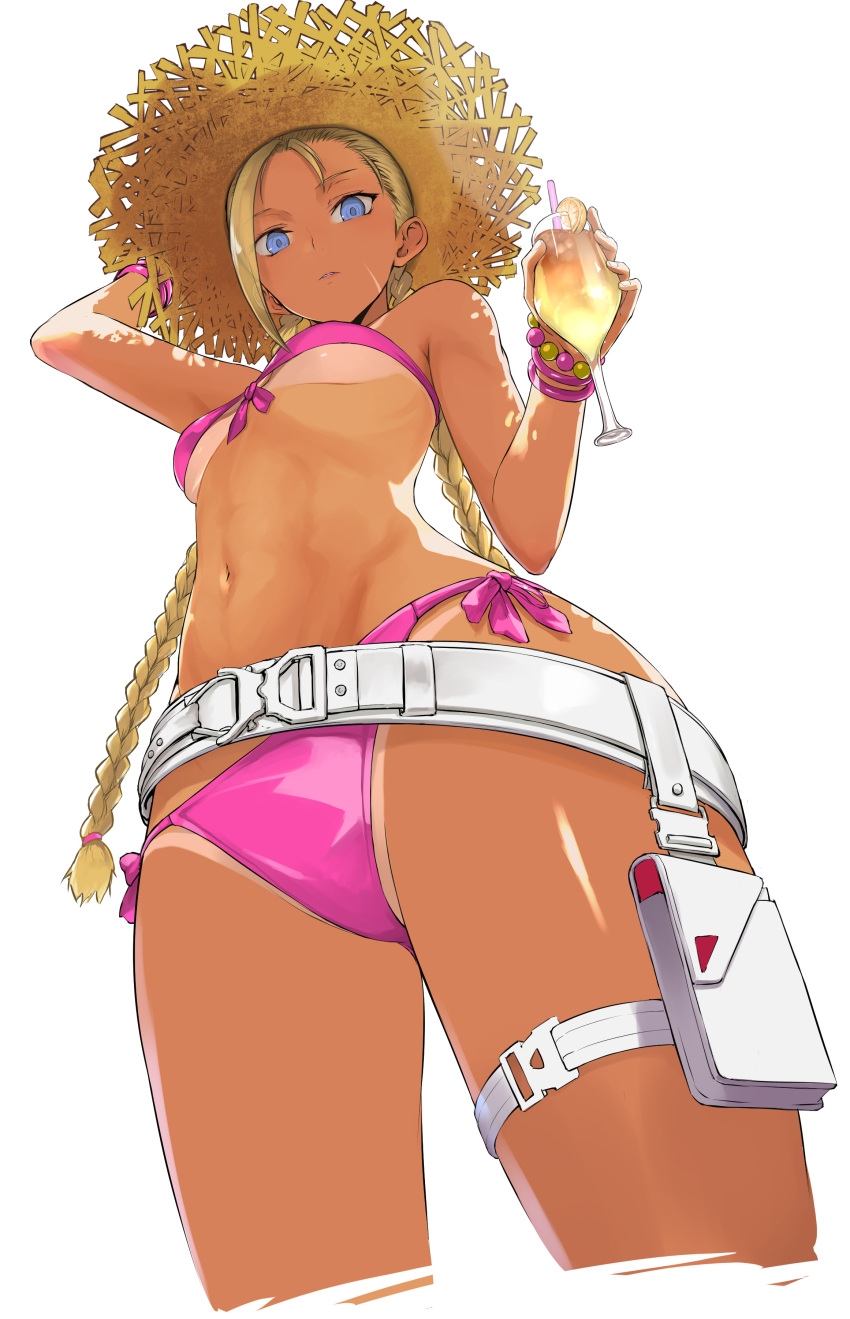 1girl abs absurdres alternate_costume belt bikini blonde_hair blue_eyes braid cammy_white cocktail_glass cropped_legs cup curvy drinking_glass facial_scar front-tie_bikini_top front-tie_top hat highres looking_at_viewer looking_down loose_belt low_twin_braids official_alternate_costume pink_bikini scar scar_on_cheek scar_on_face shiny_skin side-tie_bikini_bottom straw_hat street_fighter street_fighter_6 swimsuit tan tanline tea_(nakenashi) thong thong_bikini twin_braids wide_hips