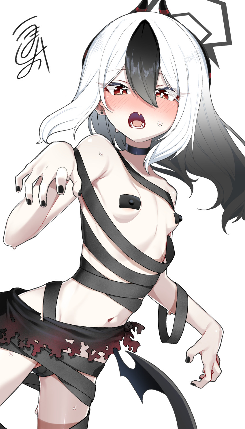 1girl absurdres bandages black_choker black_hair black_halo black_horns black_nails blue_archive blush breasts bright_pupils cameltoe choker covered_erect_nipples cowboy_shot hair_between_eyes halo highres horns kayoko_(blue_archive) long_hair looking_at_viewer multicolored_hair navel open_mouth pasties red_eyes simple_background single_wing small_breasts solo tape tape_on_nipples two-tone_hair umashio white_background white_hair white_pupils wings