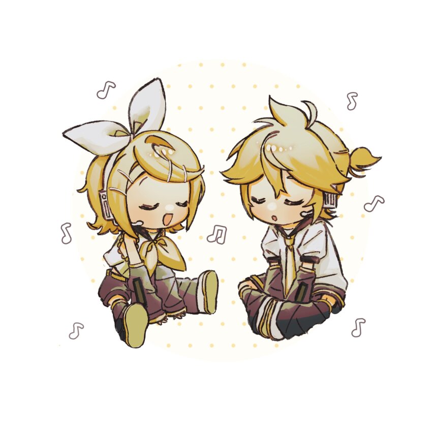 1boy 1girl blonde_hair bow butterfly_sitting chibi chibi_only closed_eyes commentary detached_sleeves full_body hair_ornament hairclip headphones headset highres kagamine_len kagamine_rin kirawa0 leg_warmers long_sleeves music musical_note neckerchief necktie open_mouth ponytail sailor_collar short_hair short_ponytail short_sleeves shorts singing sitting smile symbol-only_commentary vocaloid