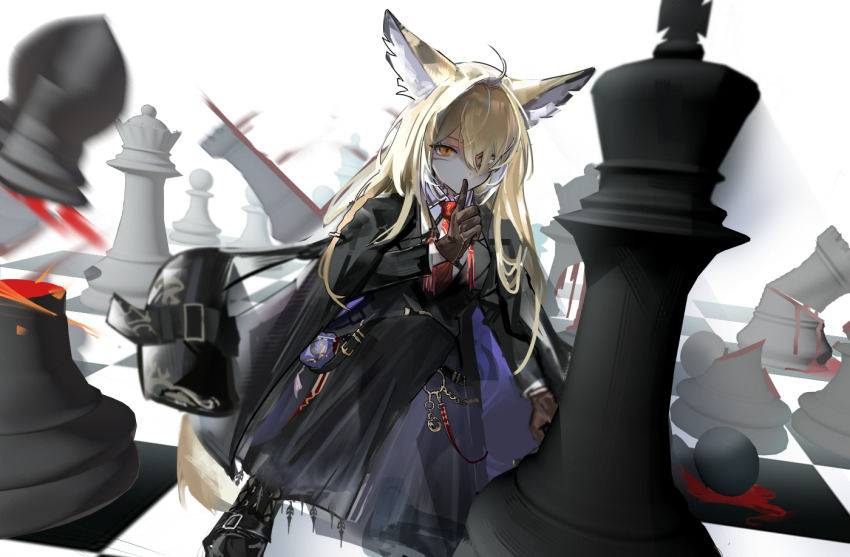 1girl ahoge animal_ears arknights bishop_(chess) black_coat black_jacket black_skirt blonde_hair blood blurry brown_gloves chess_piece chessboard chinese_commentary coat coat_on_shoulders collared_shirt commentary facial_scar finger_to_mouth full_body gloves hair_over_one_eye jacket king_(chess) long_hair long_sleeves looking_at_viewer motion_blur multicolored_hair necktie one_eye_covered orange_eyes pawn_(chess) queen_(chess) red_necktie ricefox_(nonametofu) rook_(chess) scar scar_on_cheek scar_on_face shirt shushing skirt solo streaked_hair vulpisfoglia_(arknights) white_background white_hair white_shirt